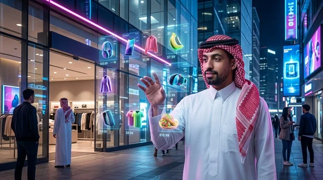 رجل سعودي يتفاعل مع واجهة تسوق هولوغرامية ذكية