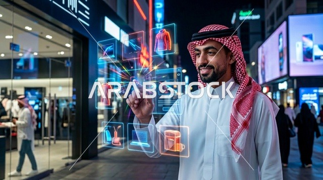 رجل سعودي يتسوق عبر شاشة هولوغرام تفاعلية ليلاً