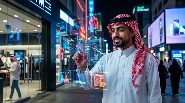 رجل سعودي يتسوق عبر شاشة هولوغرام تفاعلية ليلاً