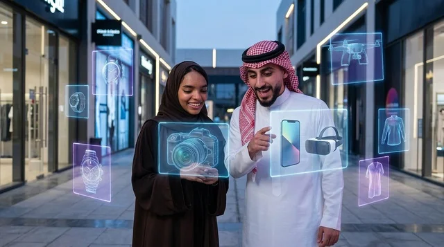 زوجان سعوديان يتفاعلان مع أيقونات تسوق رقمية زوجان سعوديان يتفاعلان مع أيقونات تسوق رقمية