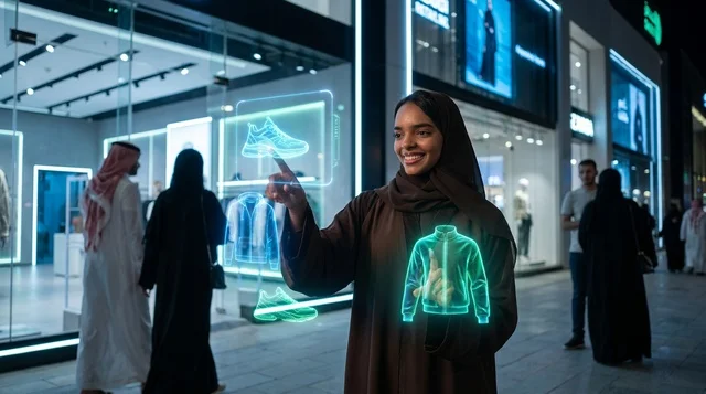 Saudi Woman Shopping with Hologram Technology at Night