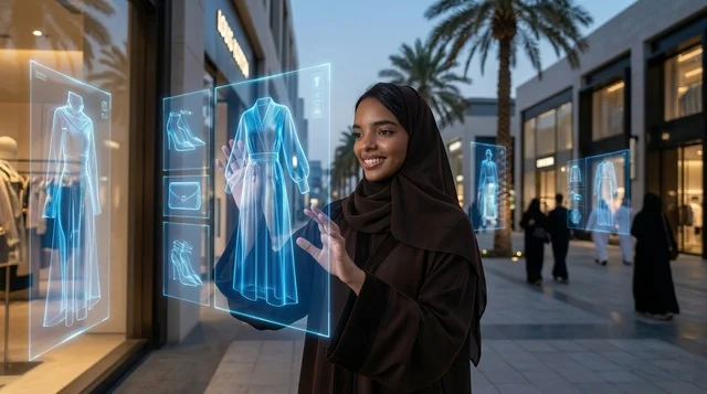 Arab Woman in Abaya Using Holographic Shopping Screen