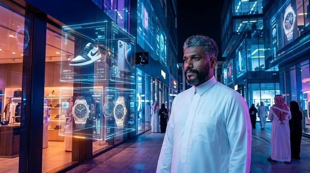 Saudi Man in Futuristic Holographic Shopping Street