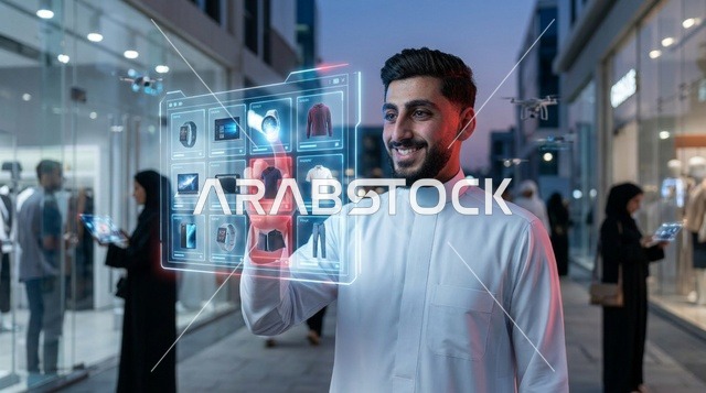 Saudi Man in Thobe Using Holographic Shopping Interface