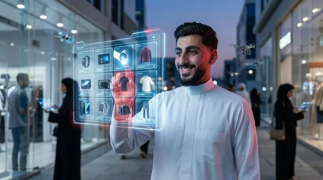Saudi Man in Thobe Using Holographic Shopping Interface