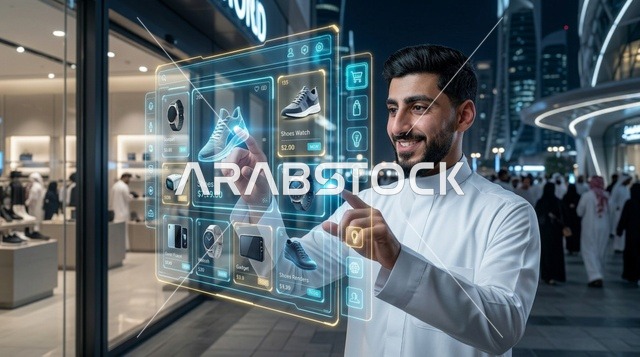 شاب عربي يتفاعل مع شاشة تسوق هولوغرامية مستقبلية