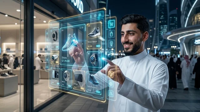 شاب عربي يتفاعل مع شاشة تسوق هولوغرامية مستقبلية