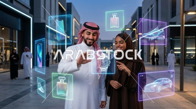 Saudi Couple Interacting with Virtual Shopping Holograms