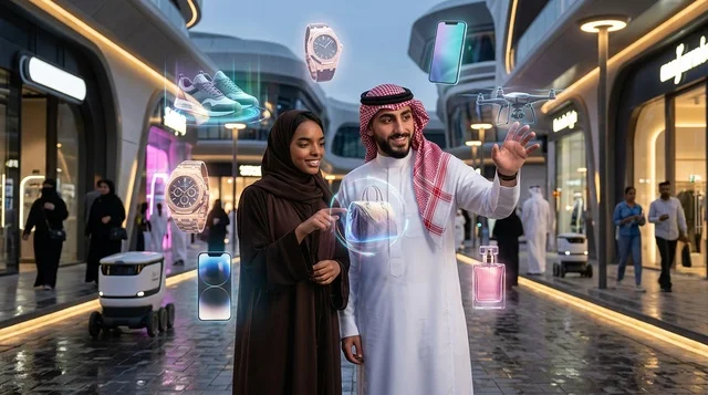 Saudi Couple Futuristic Hologram Shopping in Smart City