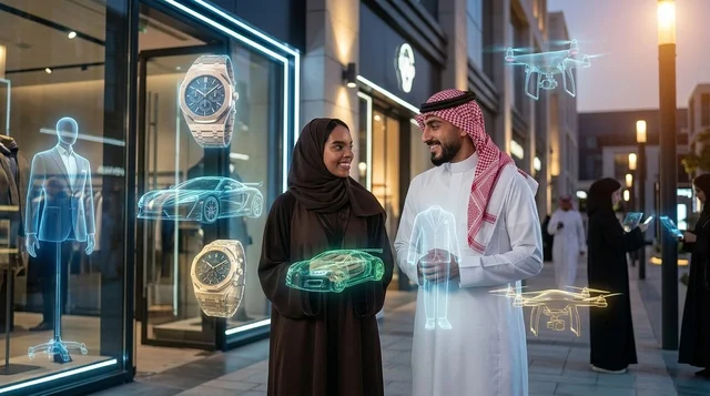 Saudi Couple Using Futuristic Holograms While Shopping