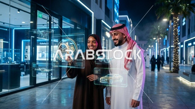 زوجان سعوديان يتفاعلان مع شاشات الهولوجرام الذكية ليلاً
