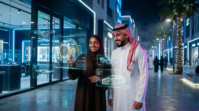 زوجان سعوديان يتفاعلان مع شاشات الهولوجرام الذكية ليلاً زوجان سعوديان يتفاعلان مع شاشات الهولوجرام الذكية ليلاً