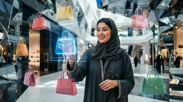 Arab Woman Using Hologram Shopping Display in Mall