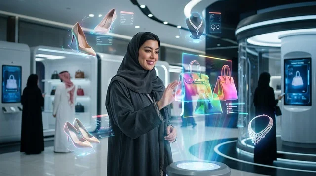امرأة سعودية تتسوق باستخدام شاشات الهولوغرام المستقبلية