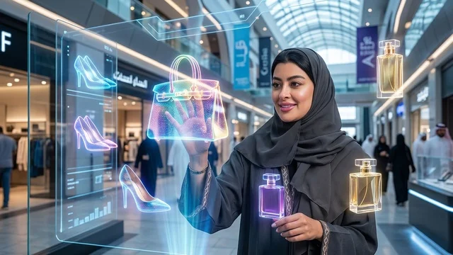امرأة سعودية تتسوق عبر شاشة هولوجرام مستقبلية في مول