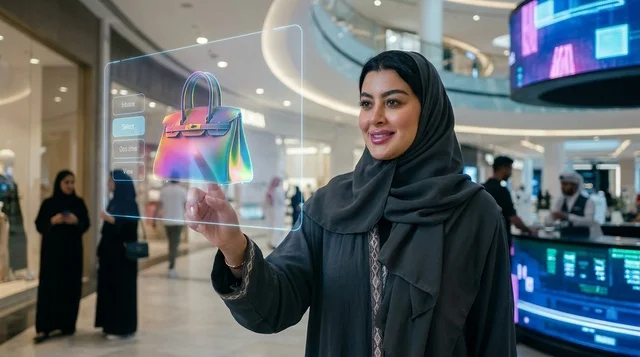 امرأة إماراتية تتسوق بتقنية الهولوغرام داخل المول