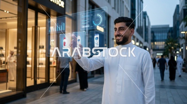 شاب سعودي يستخدم واجهة تسوق هولوجرامية بالشارع