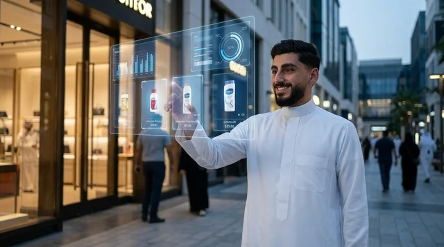 شاب سعودي يستخدم واجهة تسوق هولوجرامية بالشارع