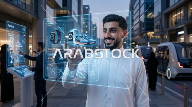 رجل سعودي يستخدم شاشة هولوغرام تفاعلية في مدينة ذكية