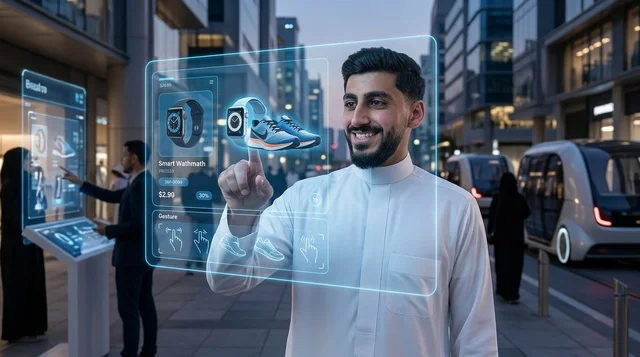 رجل سعودي يستخدم شاشة هولوغرام تفاعلية في مدينة ذكية