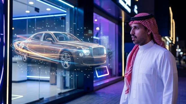Saudi Man Looking at Futuristic Car Hologram at Night