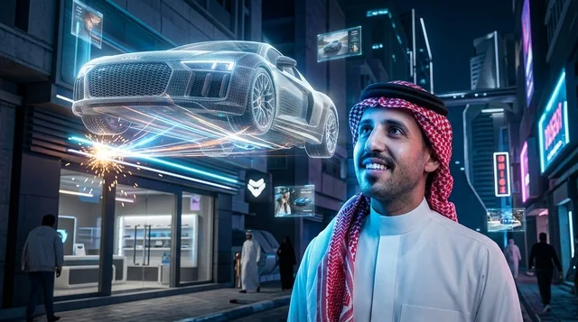 Saudi Man Looking at Futuristic Car Hologram at Night