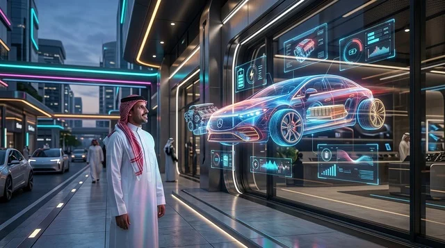 رجل سعودي بالزي التقليدي ينظر إلى هولوغرام سيارة مستقبلي