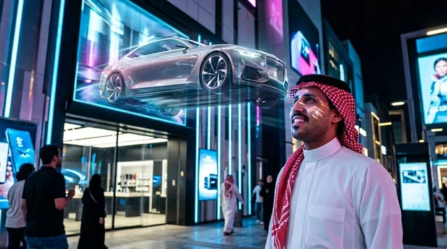 رجل سعودي ينظر إلى هولوجرام سيارة مستقبلي في الليل