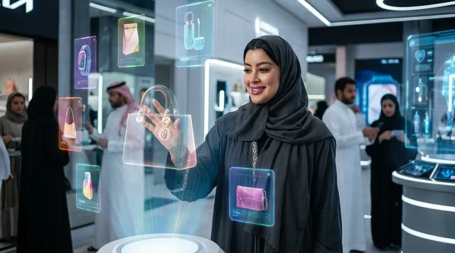 Saudi Woman Using Futuristic Holographic Shopping Display