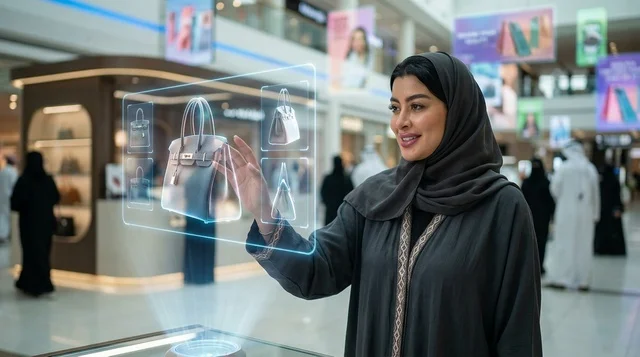 امرأة عربية تتسوق باستخدام تقنية الهولوغرام في المركز التجاري