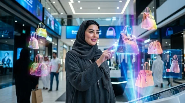 امرأة سعودية تتسوق بتقنية الهولوغرام في المول