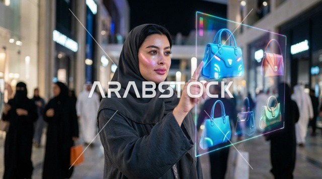 امرأة عربية بالعباءة تتسوق عبر شاشة هولوغرام ليلاً