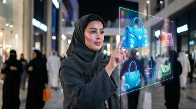 Arab Woman Using Hologram Tech Shopping in Abaya at Night