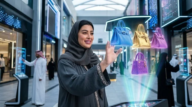 تسوق امرأة سعودية باستخدام تقنية الهولوغرام التفاعلية