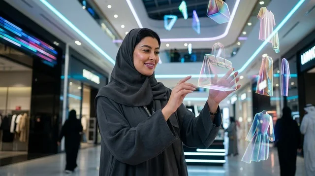Arab Woman Using Hologram Shopping Technology in Mall