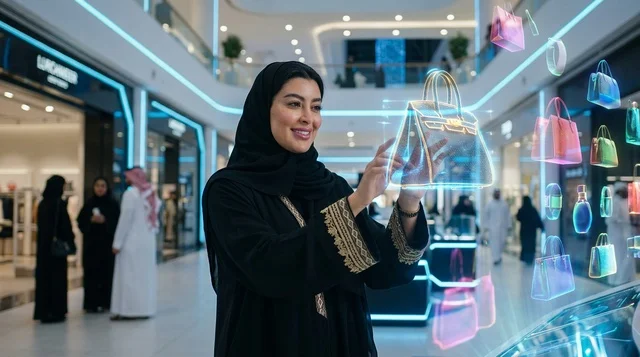 Saudi Woman Using Holographic Shopping Mall Technology