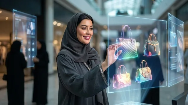 Saudi Woman Shopping with Hologram Tech in Mall