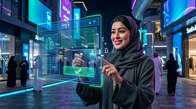 امرأة سعودية تتسوق عبر شاشة هولوغرام ذكية ليلاً