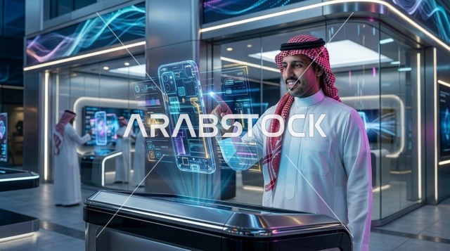 رجل سعودي يتفاعل مع شاشة هاتف ذكي هولوجرام