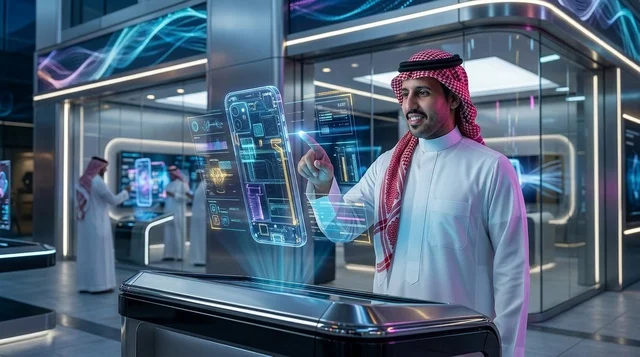 رجل سعودي يتفاعل مع شاشة هاتف ذكي هولوجرام