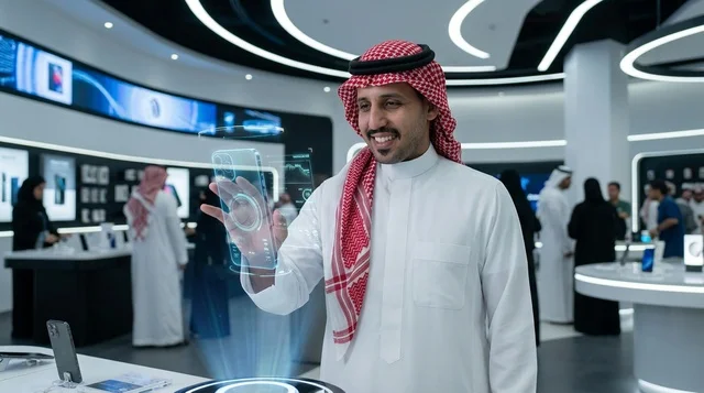 رجل سعودي يستخدم هاتف هولوجرام مستقبلي في متجر تقني