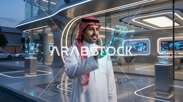 رجل سعودي يتفاعل مع هاتف هولوجرام مستقبلي ذكي