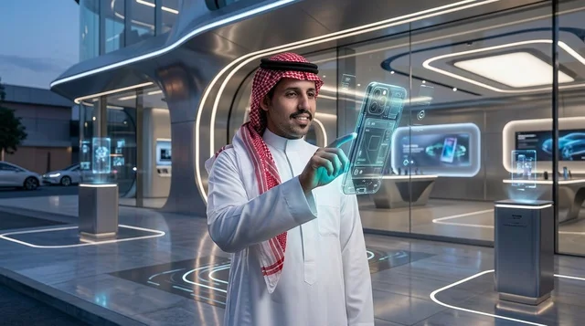 Saudi Man Interacting with Futuristic Holographic Smartphone
