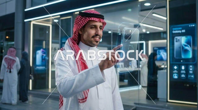 رجل سعودي يتفاعل مع هاتف هولوغرام ذكي