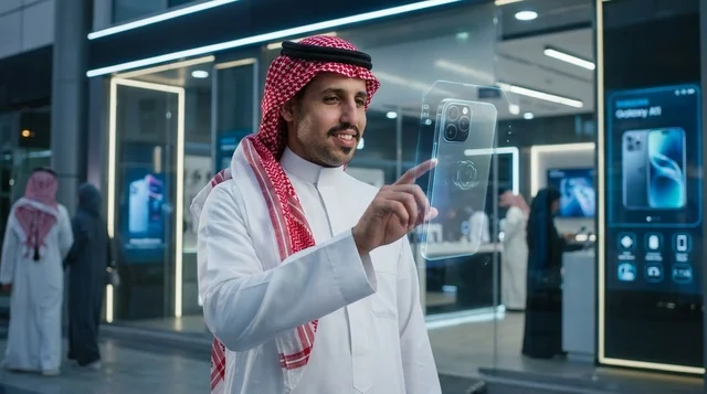 رجل سعودي يتفاعل مع هاتف هولوغرام ذكي