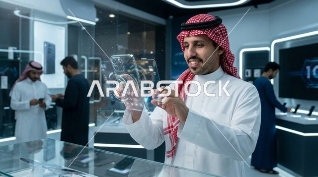 رجل سعودي يستخدم هاتف مستقبلي في متجر إلكترونيات