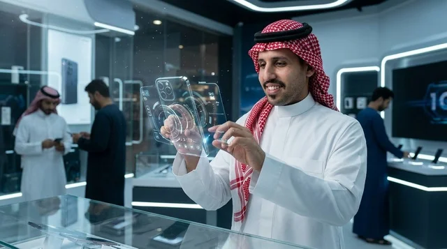 Saudi Man Using Futuristic Phone in Electronics Store