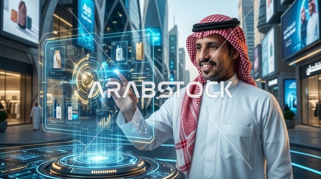رجل سعودي يتفاعل مع شاشة هولوغرام في مدينة مستقبلية