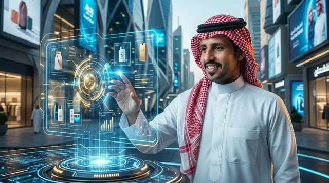 رجل سعودي يتفاعل مع شاشة هولوغرام في مدينة مستقبلية