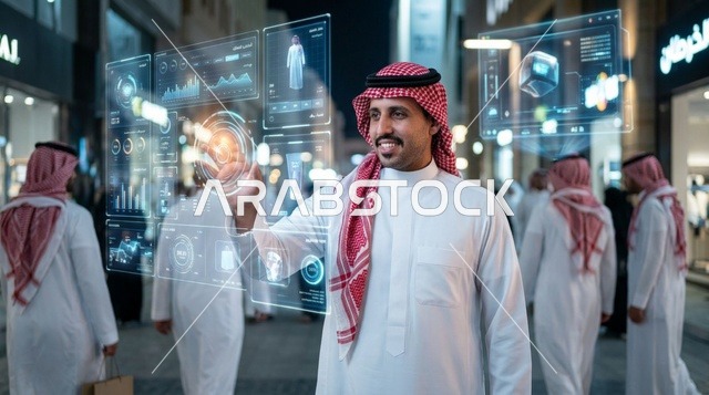 Saudi Man Interacting with Future Hologram Technology